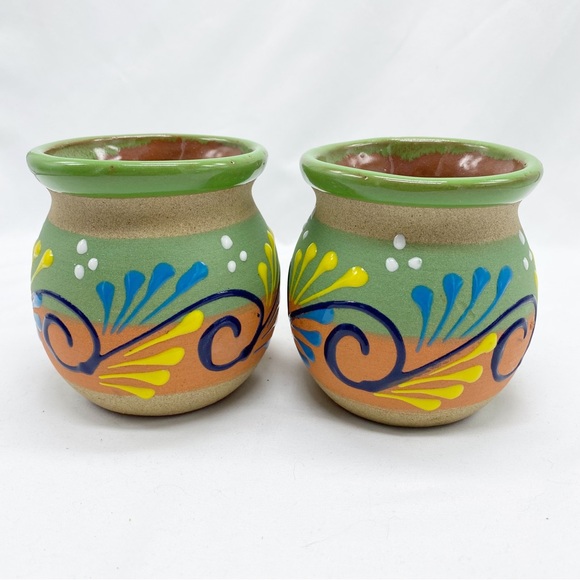 Mexican Clay Jarritos Stoneware Pottery Coffee Mugs Set of 2 NEW Swirl - Picture 3 of 6